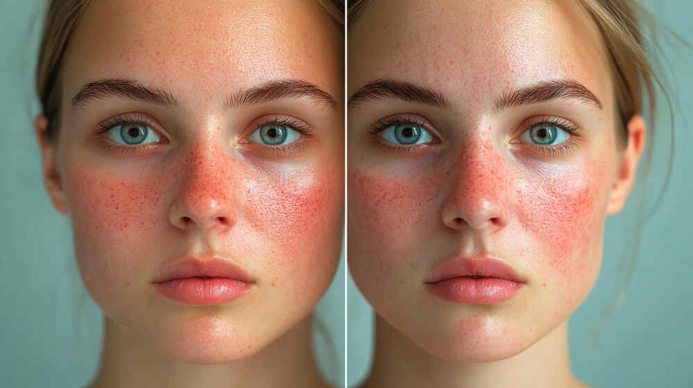 Young lady skin treatment for sun damage, before and after. Medazur Medical Clinic in Leytonstone.